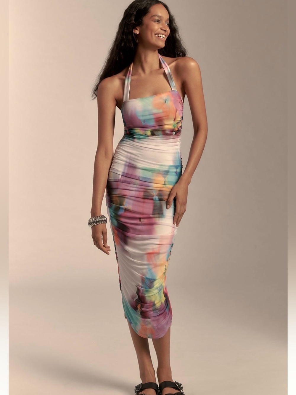 Small fits XS Anthropologie AFRM indina Multi-Color Halter mesh ruched Dress